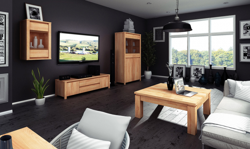 Minimalistyczny salon z drewnianymi meblami firmy Beds