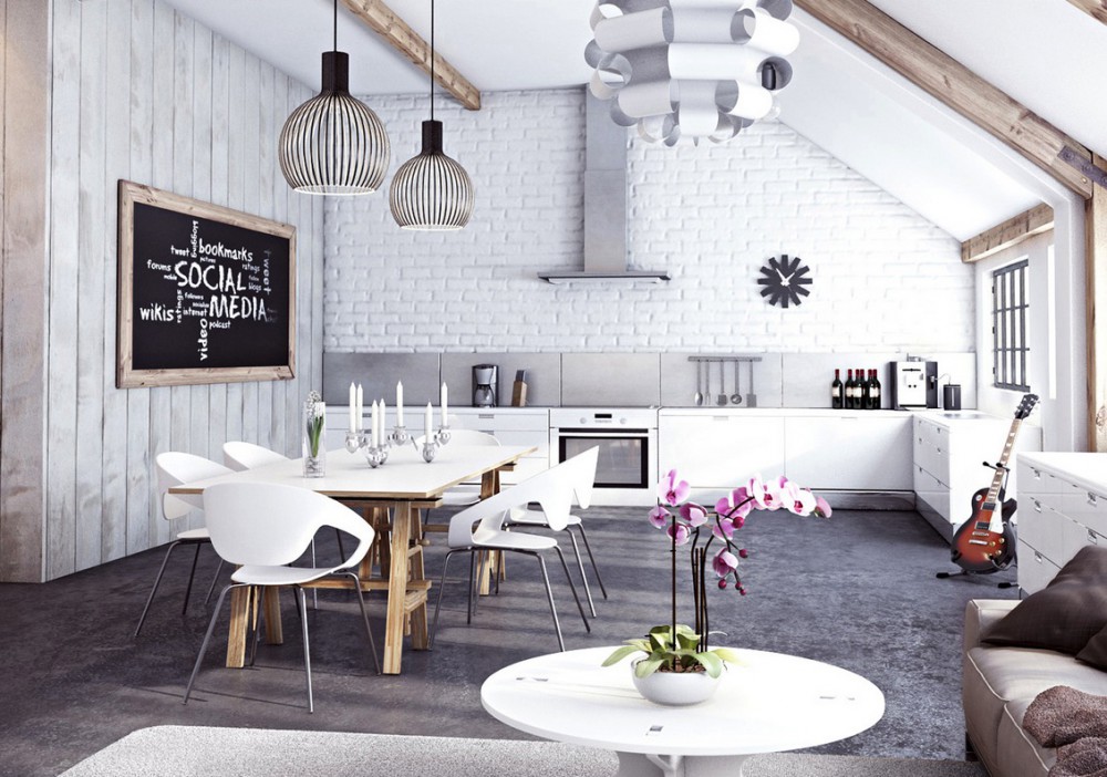 Salon z kuchnią w stylu loft, z ceglaną ścianą pomalowaną na biało