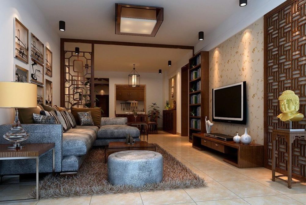 Salon w stylu minimalistycznym z elementami orientalizmu