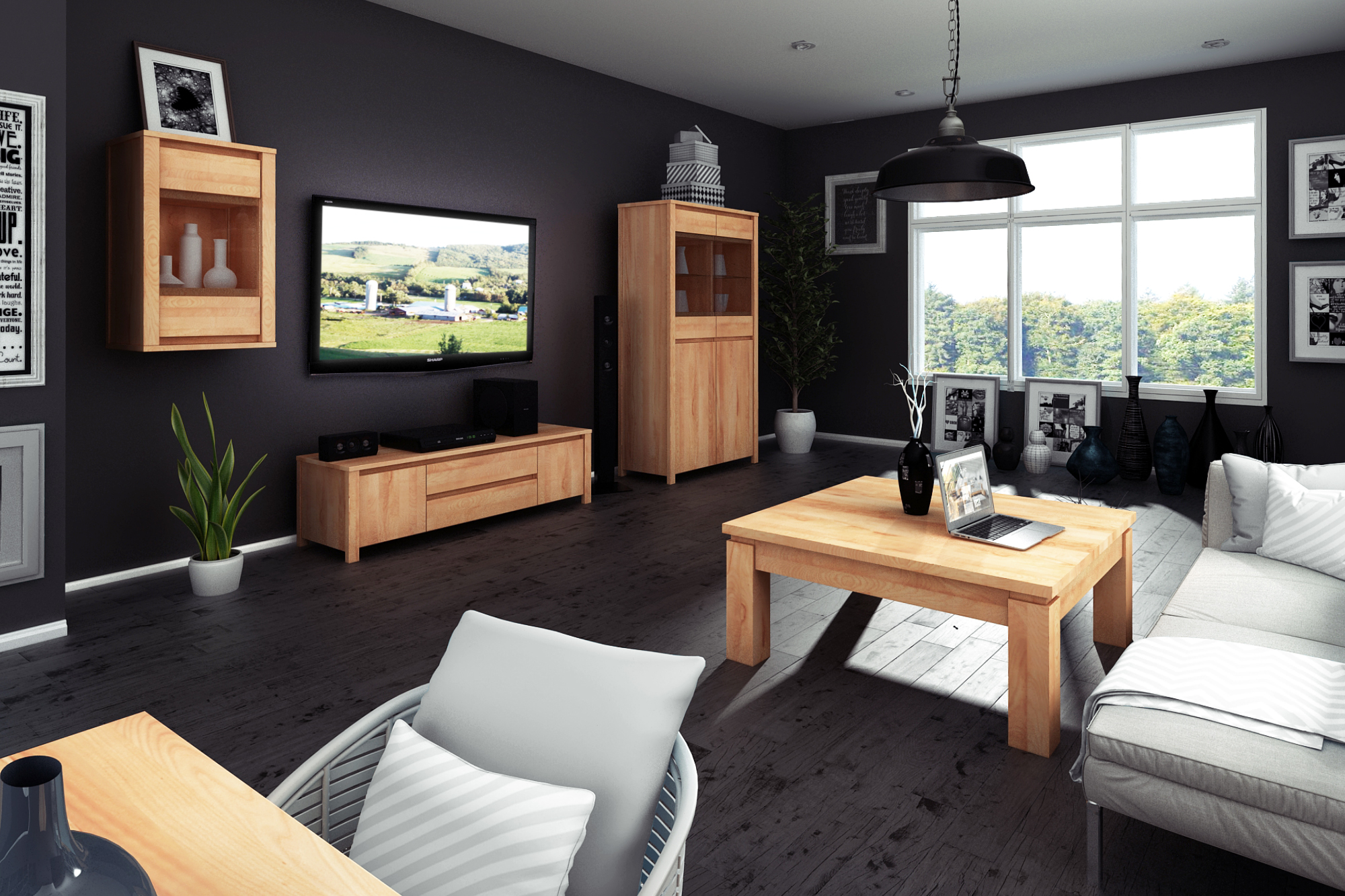 Meble drewniane z kolekcji Vinci The Beds w salonie z czarnymi ścianami