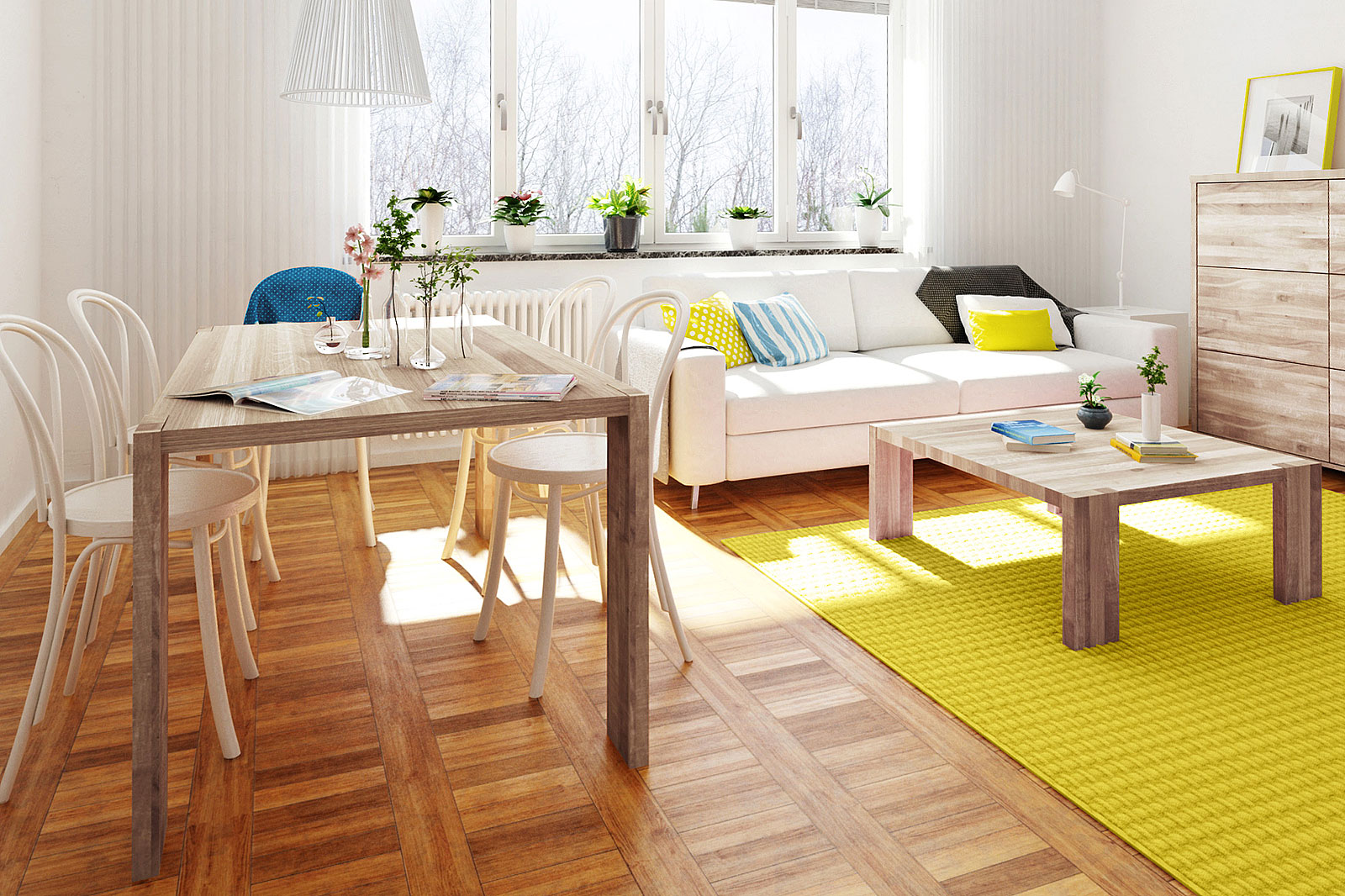Salon z jadalnią w ciepłych kolorach