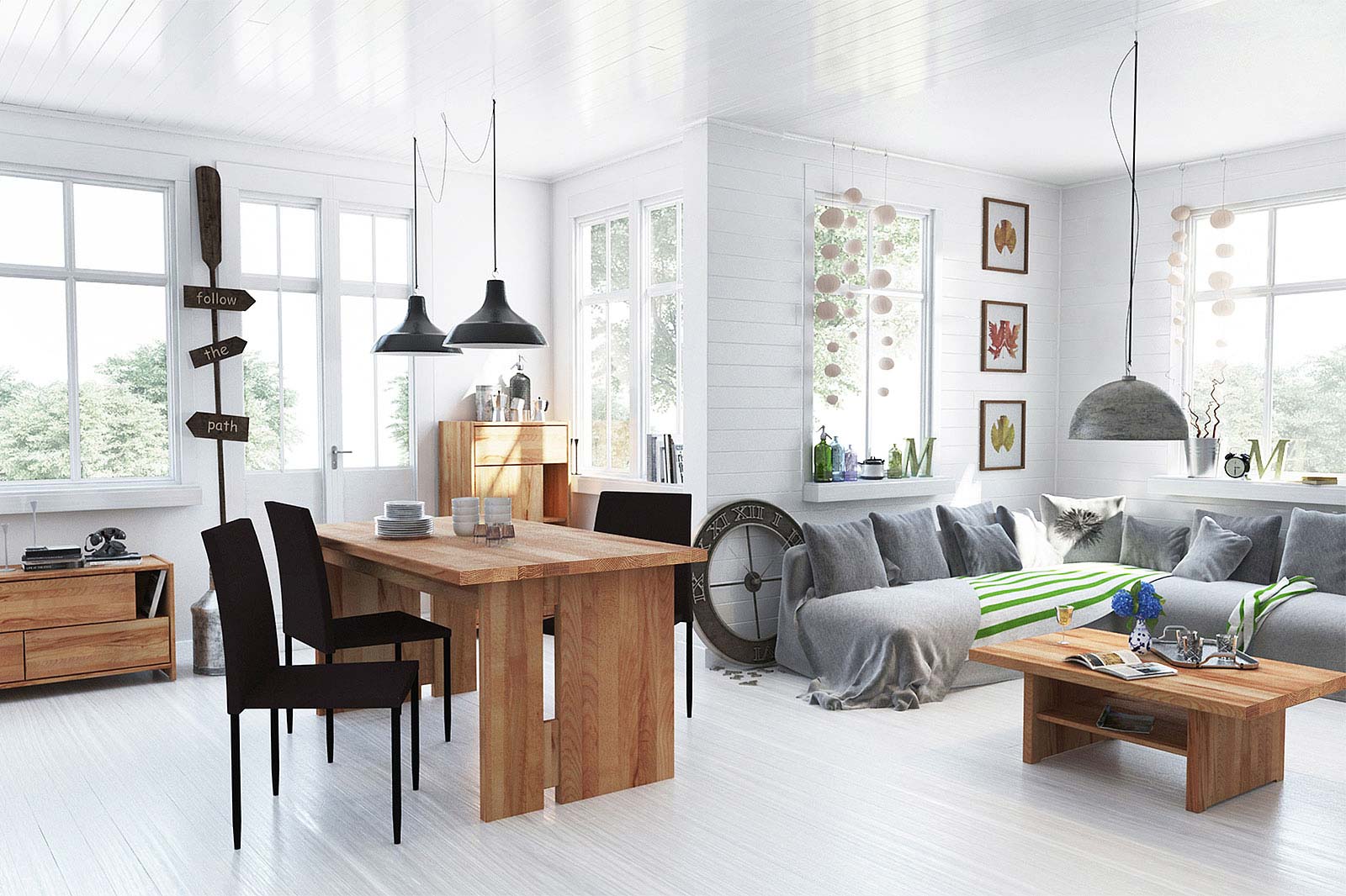 Salon z jadalnią w stylu rustykalnym