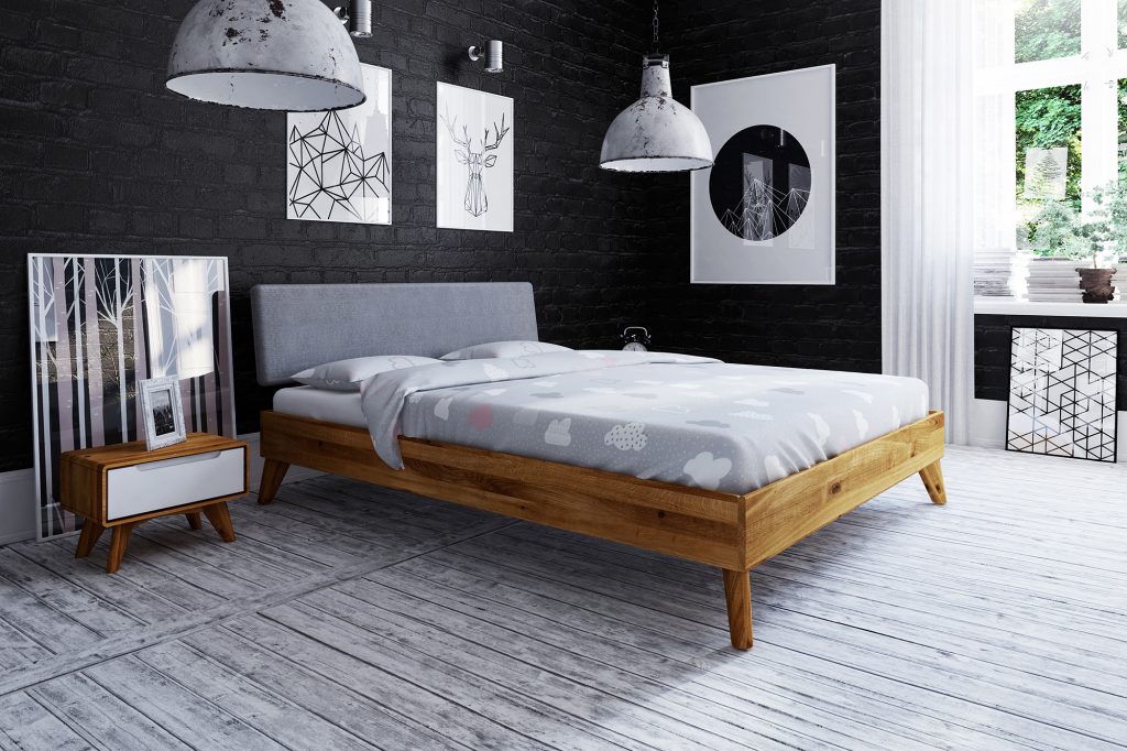 łóżko drewniane z tapicerowanym zagłówkiem z kolekcji Bianco